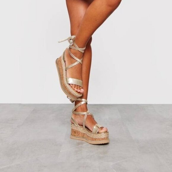 PLT Cork Sandals Gold Strappy Womens 3/36 Platform Retro Espadrille Flatform - Picture 1 of 15